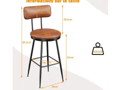 Conjunto de 2 cadeiras de bar modernas – Encosto, couro sintético marrom, estrutura de metal, altura 65 cm