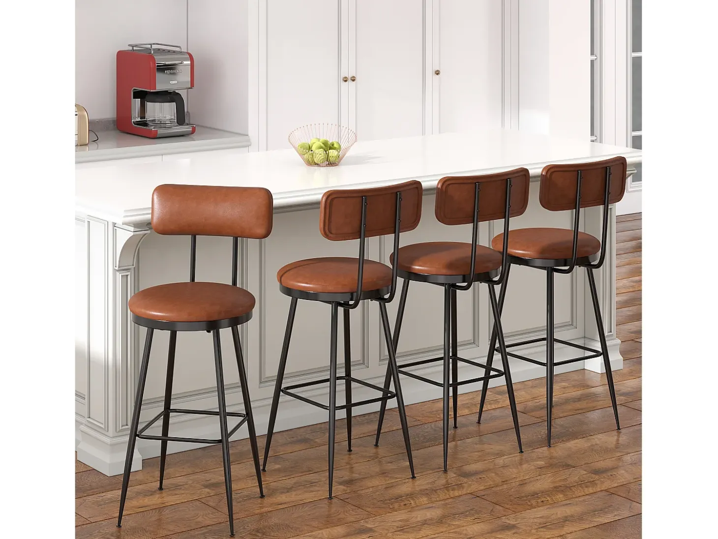 Conjunto de 4 cadeiras de bar – Encosto, couro sintético marrom, altura 65 cm