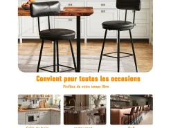 Conjunto de 2 cadeiras de balcão – Preto, couro sintético, altura 65 cm, para cozinha