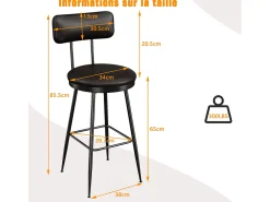Conjunto de 2 cadeiras de balcão – Preto, couro sintético, altura 65 cm, para cozinha