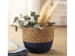 Conjunto de 3 cestas Anxo de fibra natural com alças, azul/natural.