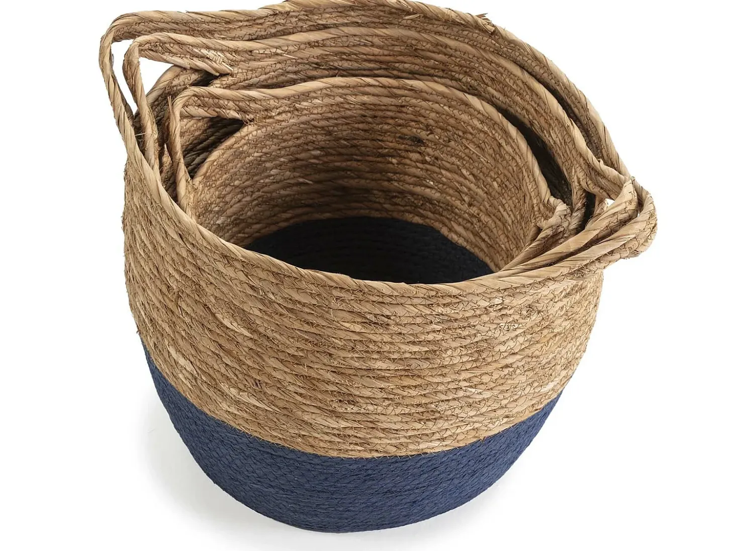Conjunto de 3 cestas Anxo de fibra natural com alças, azul/natural.