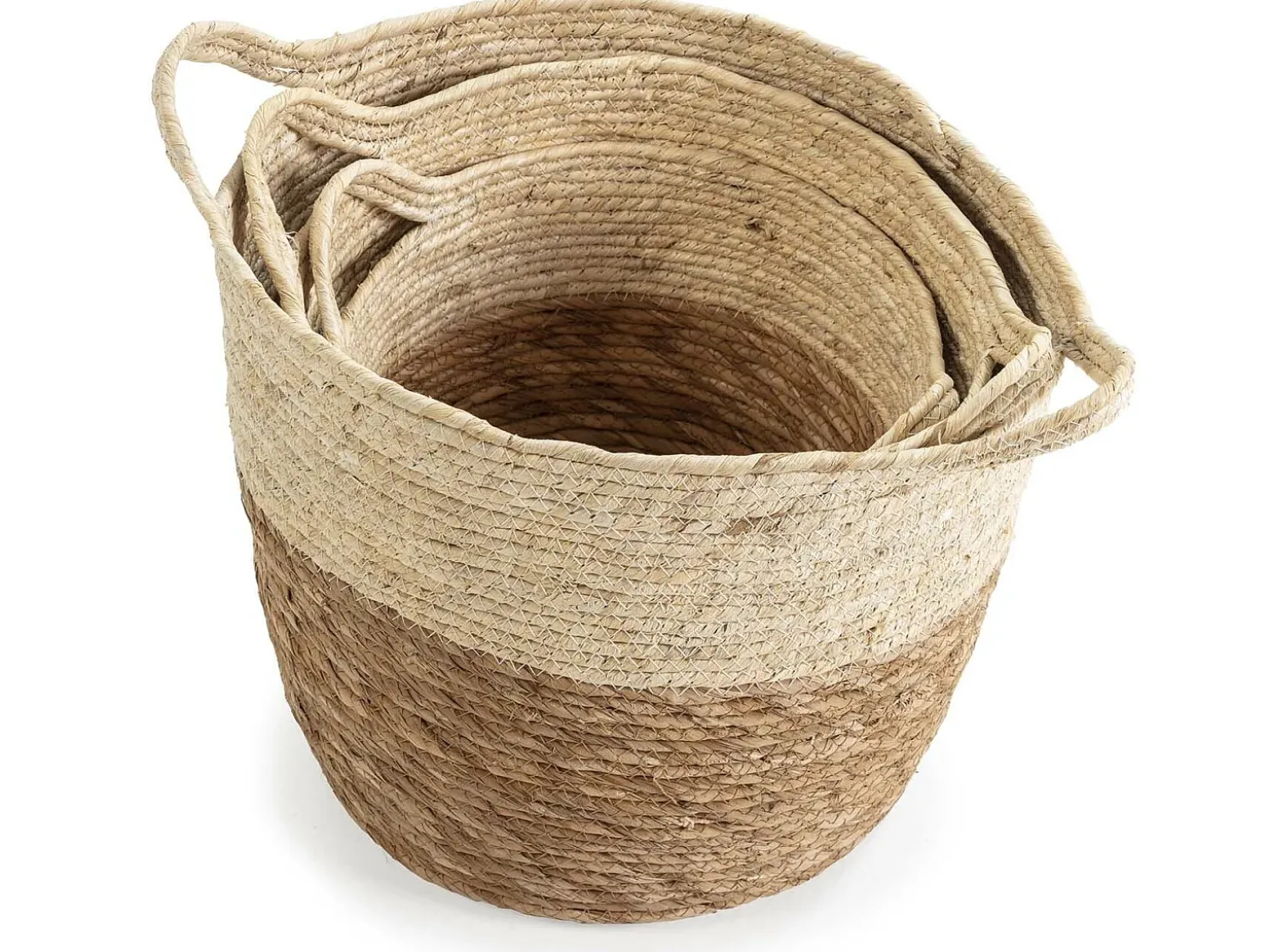Conjunto de 3 cestas Brais de fibra natural com alças, branco/natural.