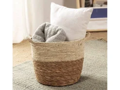 Conjunto de 3 cestas Brais de fibra natural com alças, branco/natural.