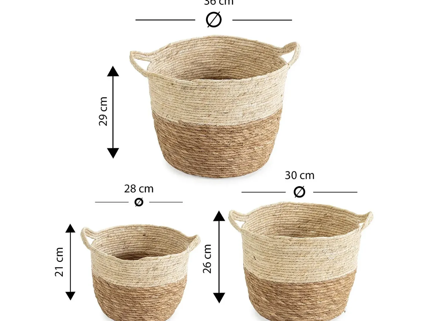 Conjunto de 3 cestas Brais de fibra natural com alças, branco/natural.