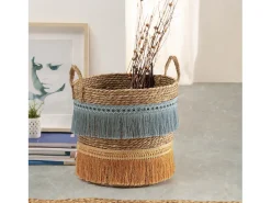 Conjunto de 2 cestas Indie de fibra natural com alças, azul/laranja.