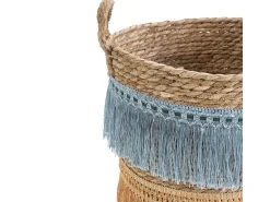 Conjunto de 2 cestas Indie de fibra natural com alças, azul/laranja.