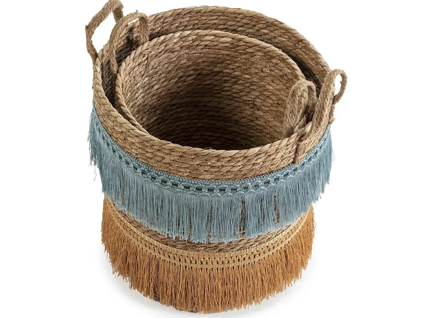 Conjunto de 2 cestas Indie de fibra natural com alças, azul/laranja.