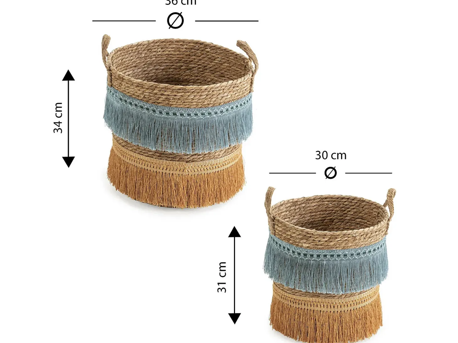 Conjunto de 2 cestas Indie de fibra natural com alças, azul/laranja.