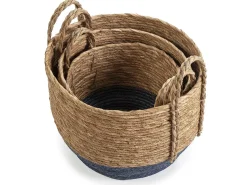 Conjunto de 3 cestas Iria de fibra natural com alças, azul/natural.