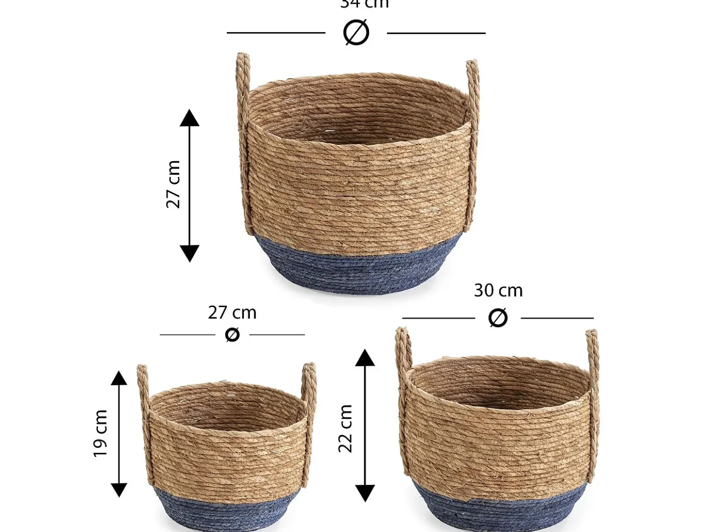 Conjunto de 3 cestas Iria de fibra natural com alças, azul/natural.