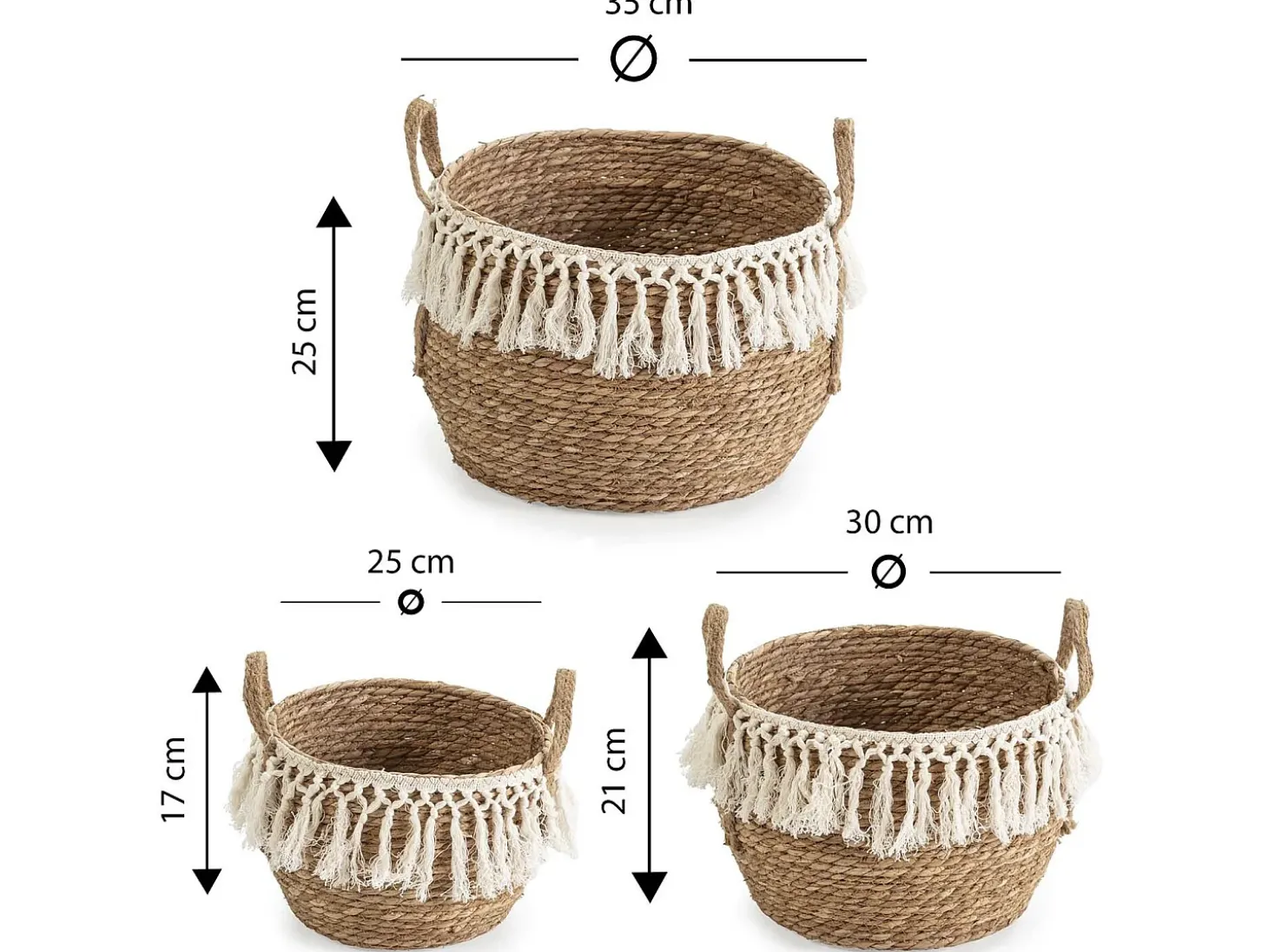 Conjunto de 3 cestas Jula de fibra natural com alças, branco/natural.