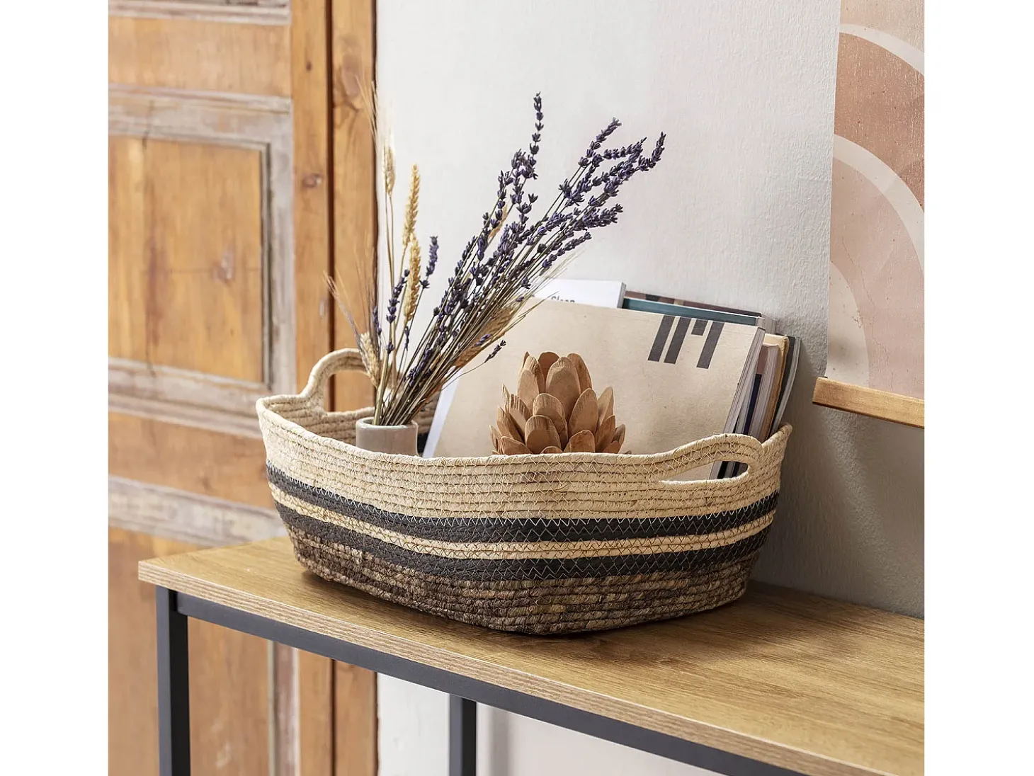 Conjunto de 3 cestas Luar de fibra natural e papel, marrom/bege com alças.