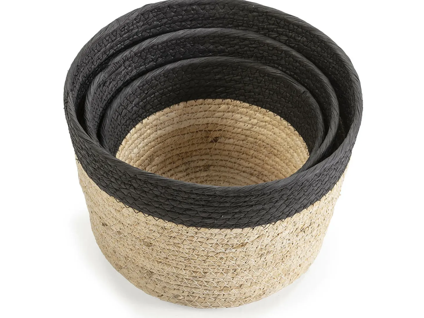 Conjunto de 3 cestas Nati de fibra natural e papel, preto/bege.