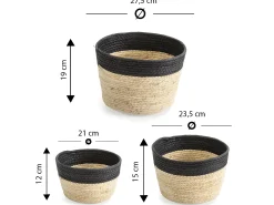 Conjunto de 3 cestas Nati de fibra natural e papel, preto/bege.