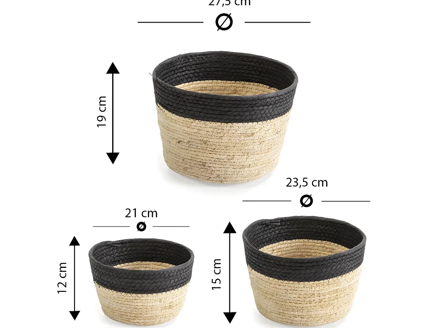 Conjunto de 3 cestas Nati de fibra natural e papel, preto/bege.