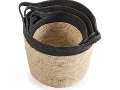 Conjunto de 3 cestas Otilia de fibra natural e papel, preto/bege com alças.
