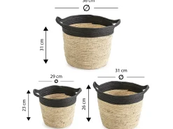 Conjunto de 3 cestas Otilia de fibra natural e papel, preto/bege com alças.