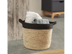 Conjunto de 3 cestas Otilia de fibra natural e papel, preto/bege com alças.