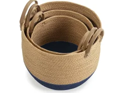 Conjunto de 3 cestas Tecla de fibra natural com alças, azul/natural.