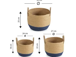 Conjunto de 3 cestas Tecla de fibra natural com alças, azul/natural.