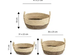 Conjunto de 3 cestas Xiana de fibra natural com alças, branco/marrom.