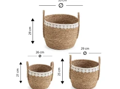 Conjunto de 3 cestas Yasmina de fibra natural com alças, branco/natural.