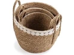Conjunto de 3 cestas Yasmina de fibra natural com alças, branco/natural.