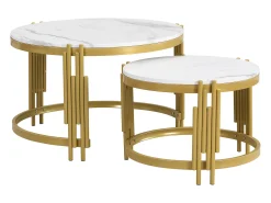Conjunto de 2 mesas de centro encaixáveis ​​​​- efeito mármore - estrutura metálica - Branco e Dourado