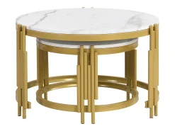 Conjunto de 2 mesas de centro encaixáveis - efeito mármore - estrutura metálica - Branco e Dourado