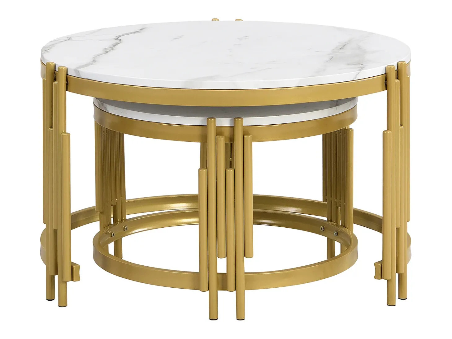 Conjunto de 2 mesas de centro encaixáveis - efeito mármore - estrutura metálica - Branco e Dourado