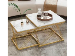 Conjunto de 2 mesas de centro quadradas - 60x60x45 +45x45x40 cm - Efeito mármore - Madeira MDF e metal - Branco + dourado
