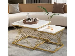 Conjunto de 2 mesas de centro quadradas - 60x60x45 +45x45x40 cm - Efeito mármore - Madeira MDF e metal - Branco + dourado
