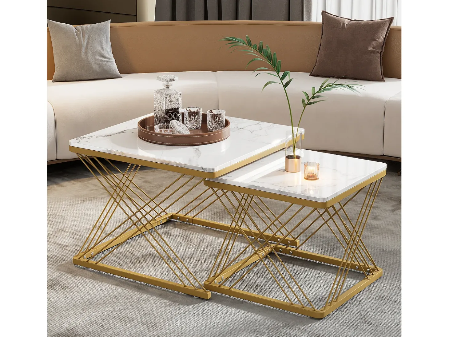 Conjunto de 2 mesas de centro quadradas - 60x60x45 +45x45x40 cm - Efeito mármore - Madeira MDF e metal - Branco + dourado