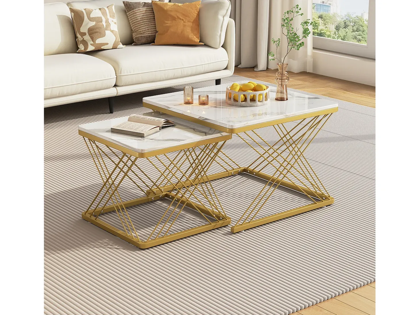 Conjunto de 2 mesas de centro quadradas - 60x60x45 +45x45x40 cm - Efeito mármore - Madeira MDF e metal - Branco + dourado