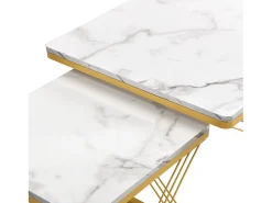 Conjunto de 2 mesas de centro quadradas - 60x60x45 +45x45x40 cm - Efeito mármore - Madeira MDF e metal - Branco + dourado