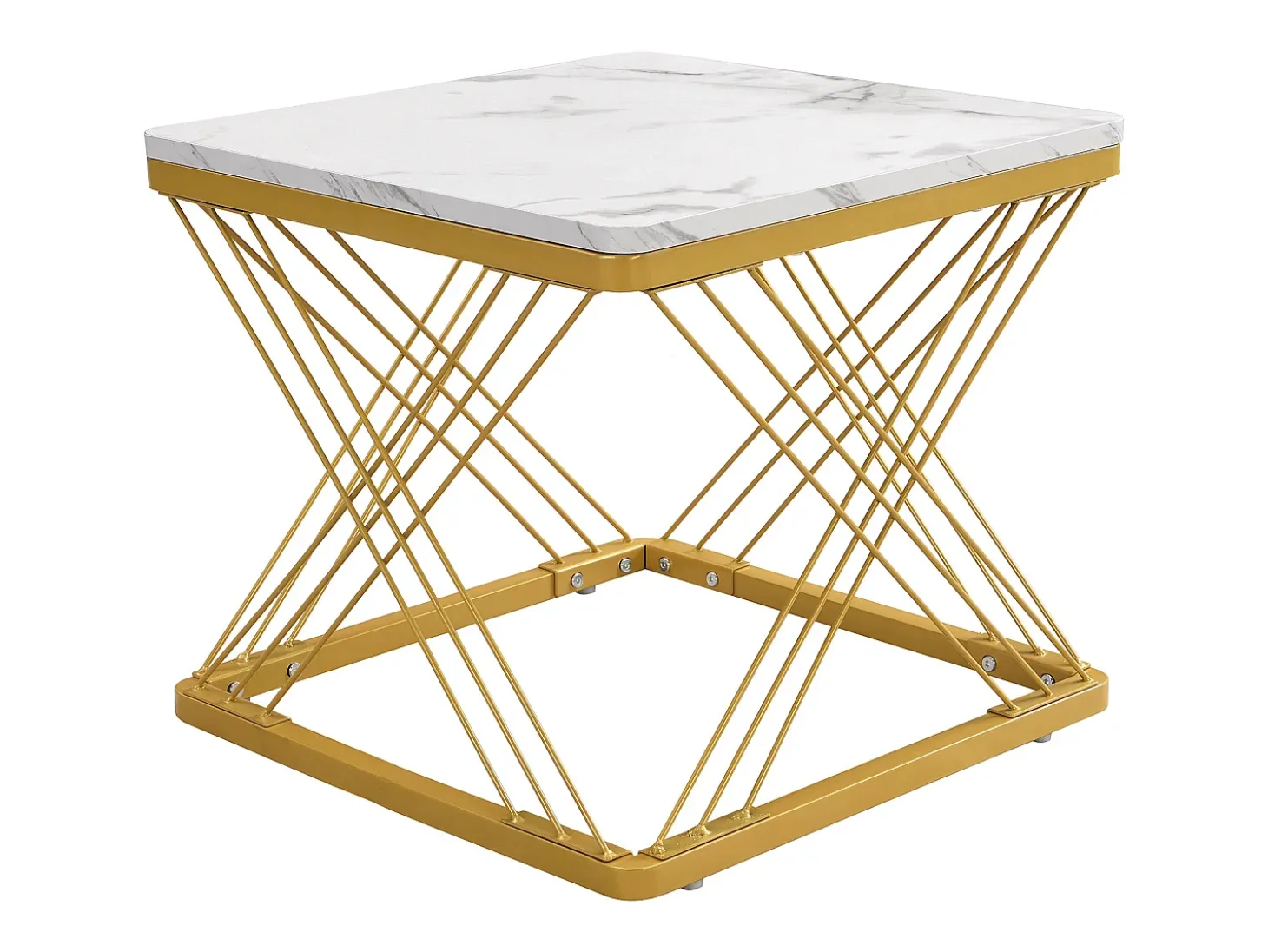 Conjunto de 2 mesas de centro quadradas - 60x60x45 +45x45x40 cm - Efeito mármore - Madeira MDF e metal - Branco + dourado