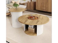 Conjunto de 2 mesas de centro com tampos de madeira - mesa de sala de estar com espaço de armazenamento - MDF - cor natural