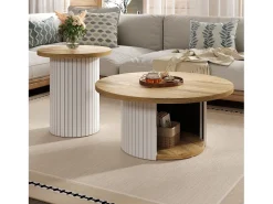 Conjunto de 2 mesas de centro com tampos de madeira - mesa de sala de estar com espaço de armazenamento - MDF - cor natural