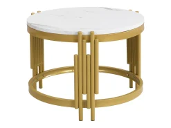 Conjunto de 2 mesas de centro encaixáveis, mesa redonda, efeito mármore, estrutura em metal dourado, D71,5x44+P51,5x37cm Branco