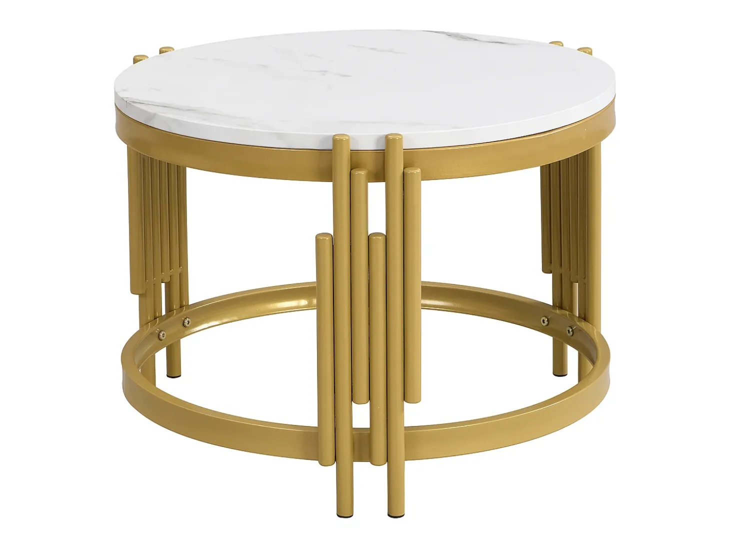 Conjunto de 2 mesas de centro encaixáveis, mesa redonda, efeito mármore, estrutura em metal dourado, D71,5x44+P51,5x37cm Branco