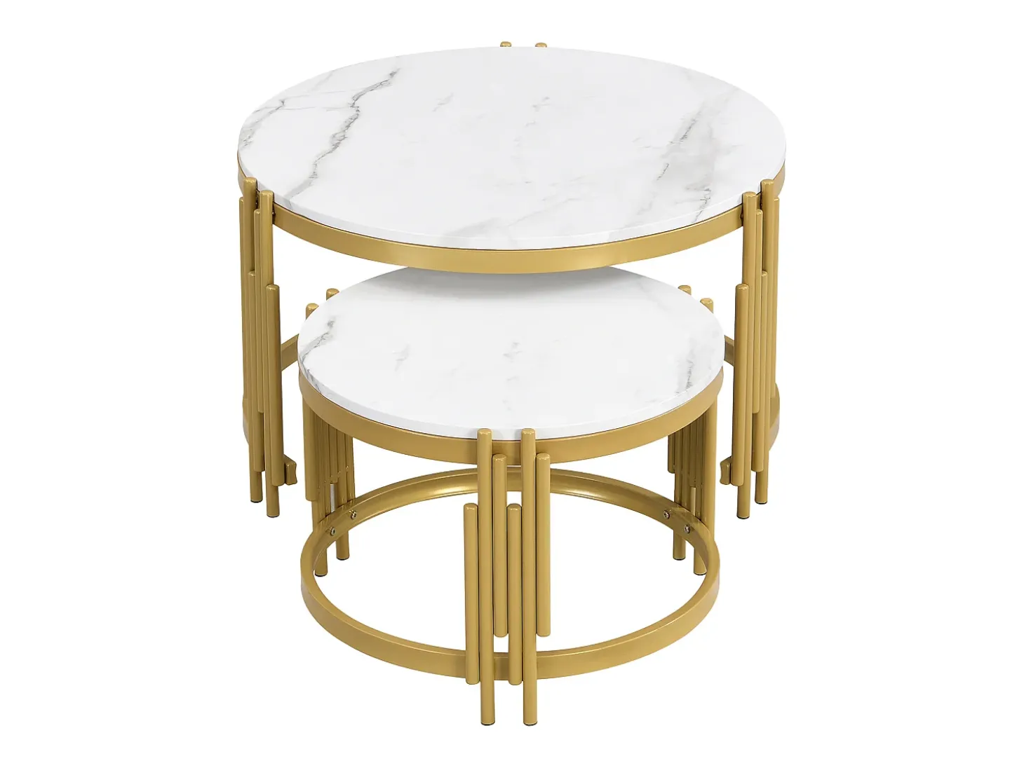 Conjunto de 2 mesas de centro encaixáveis, mesa redonda, efeito mármore, estrutura em metal dourado, D71,5x44+P51,5x37cm Branco