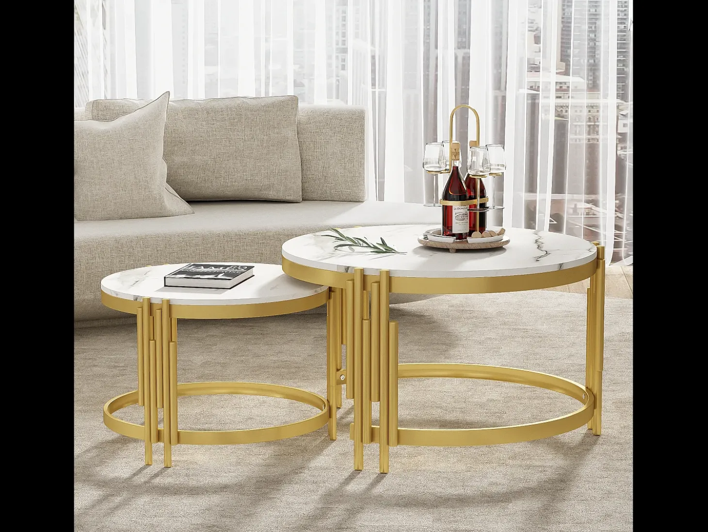 Conjunto de 2 mesas de centro encaixáveis, mesa redonda, efeito mármore, estrutura em metal dourado, D71,5x44+P51,5x37cm Branco