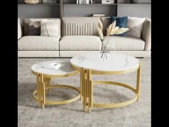 Conjunto de 2 mesas de centro encaixáveis, mesa redonda, efeito mármore, estrutura em metal dourado, D71,5x44+P51,5x37cm Branco