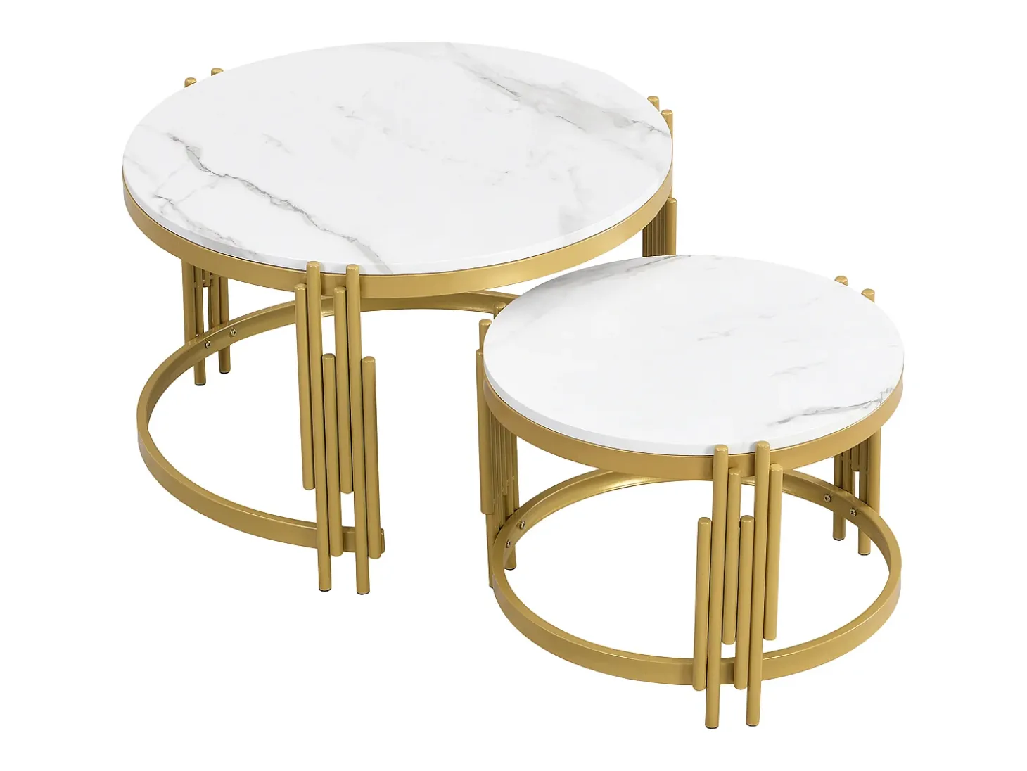 Conjunto de 2 mesas de centro encaixáveis, mesa redonda, efeito mármore, estrutura em metal dourado, D71,5x44+P51,5x37cm Branco