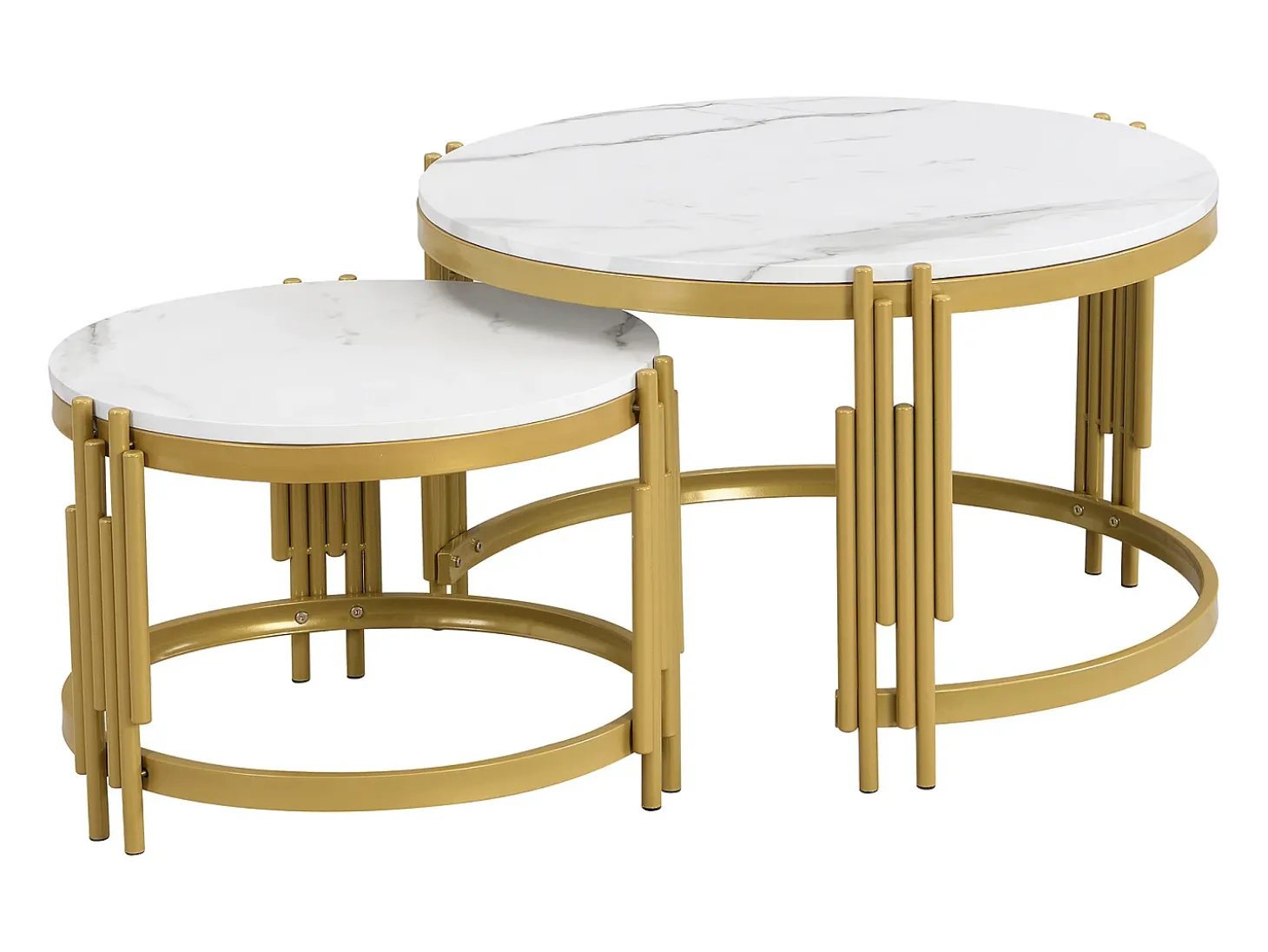 Conjunto de 2 mesas de centro encaixáveis, mesa redonda, efeito mármore, estrutura em metal dourado, D71,5x44+P51,5x37cm Branco