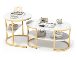 Conjunto de 2 mesas de centro escandinavas - Mesa de apoio oval com estampado de mármore e prateleiras de arrumação - Estrutura em metal - Dourado