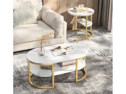 Conjunto de 2 mesas de centro escandinavas - Mesa de apoio oval com estampado de mármore e prateleiras de arrumação - Estrutura em metal - Dourado