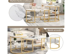 Conjunto de 2 mesas de centro escandinavas - Mesa de apoio oval com estampado de mármore e prateleiras de arrumação - Estrutura em metal - Dourado