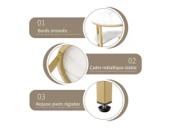 Conjunto de 2 mesas de centro escandinavas - Mesa de apoio oval com estampado de mármore e prateleiras de arrumação - Estrutura em metal - Dourado